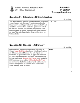 Illinois Masonic Academic Bowl Round # 1 2014 State Tournament 1 Section Toss-Up Questions Question #1: Literature – Br