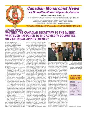 Canadian Monarchist News Les Nouvelles Monarchiques Du Canada Winter/Hiver 2017 — No