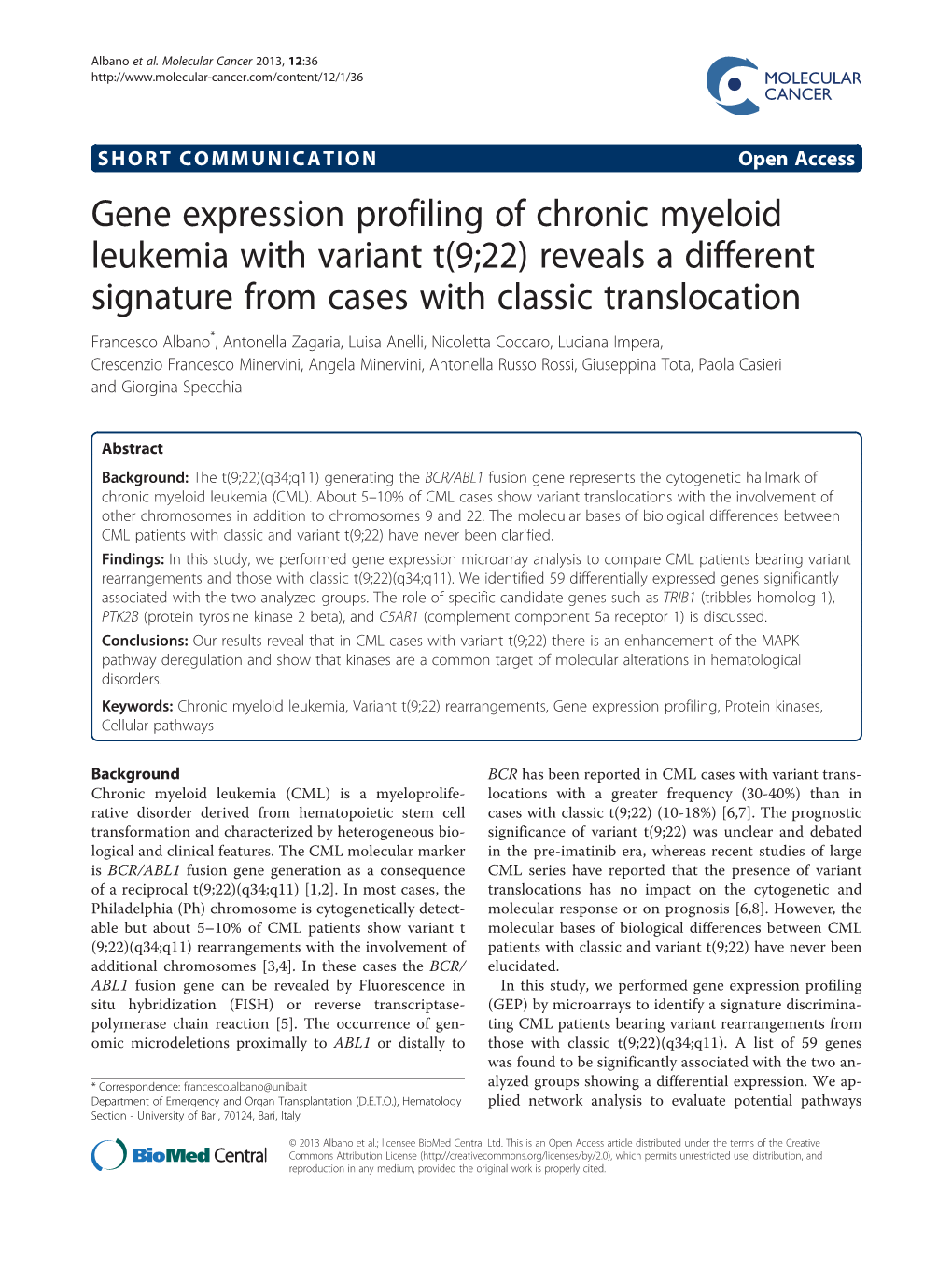 Gene Expression Profiling of Chronic Myeloid Leukemia with Variant T(9;22)