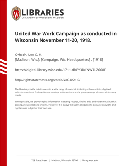 United War Work Campaign As Conducted in Wisconsin November 11-20, 1918