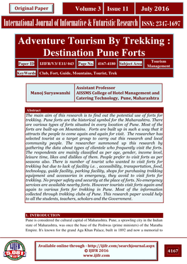 Adventure Tourism by Trekking : Destination Pune Forts Tourism Paper ID IJIFR/V3/ E11/ 043 Page No