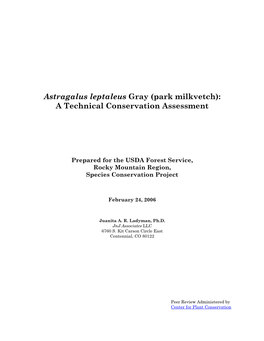 Astragalus Leptaleus Gray (Park Milkvetch): a Technical Conservation Assessment