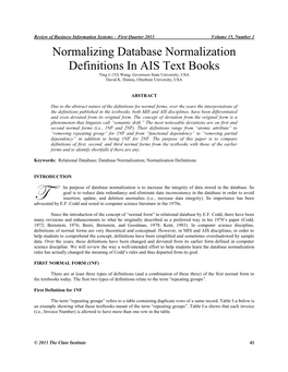 Normalizing Database Normalization Definitions in AIS Text Books Ting J
