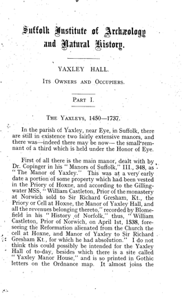 Yaxley Hall. Its Owners and Occupiers. Part I E. Farrer