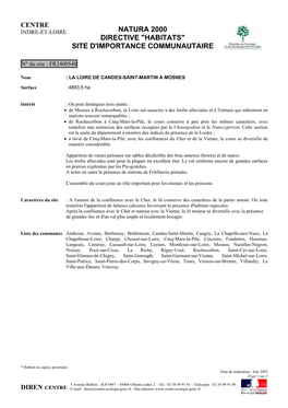 Natura 2000 Directive "Habitats" Site D'importance Communautaire