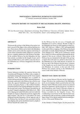 Hall, R. 2000. Neogene History of Collision in the Halmahera Region
