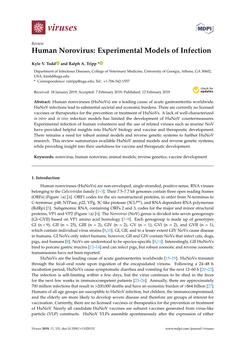 Human Norovirus: Experimental Models of Infection