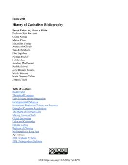 Spring 2021 History of Capitalism Bibliography