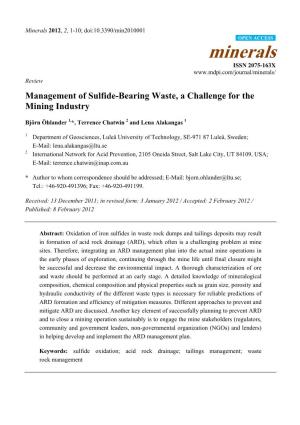 Management of Sulfide-Bearing Waste, a Challenge for the Mining Industry