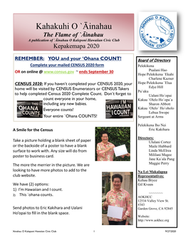 Kahakuhi O `Ᾱinahau the Flame of `Ᾱinahau a Publication of `Ᾱinahau O Kaleponi Hawaiian Civic Club Kepakemapa 2020