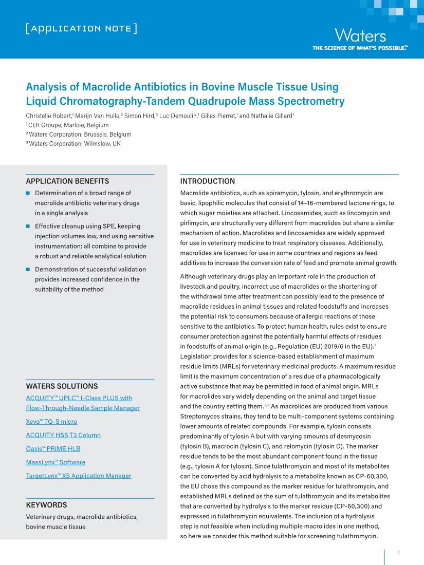 Analysis of Macrolide Antibiotics in Bovine Muscle Tissue Using Liquid Chromatography-Tandem Quadrupole Mass Spectrometry