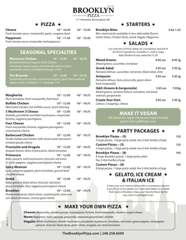 Pizza Starters Salads Party Packages Gelato, Ice Cream