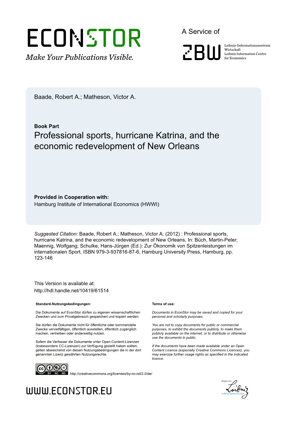 Professional Sports, Hurricane Katrina, and the Economic Redevelopment of New Orleans