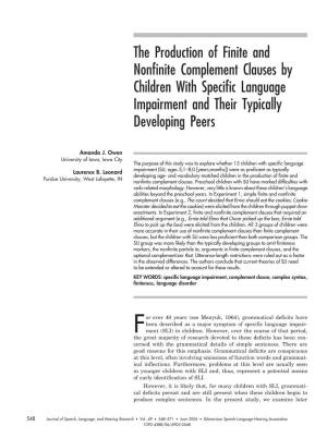 The Production of Finite and Nonfinite Complement Clauses by Children with Specific Language Impairment and Their Typically Developing Peers