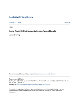 Local Control of Mining Activities on Federal Lands