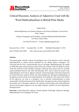 Critical Discourse Analysis of Adjectives Used with the Word Multiculturalism in British Print Media