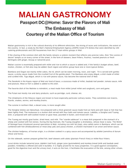 MALIAN GASTRONOMY Passport DC@Home: Savor the Flavors of Mali the Embassy of Mali Courtesy of the Malian Office of Tourism