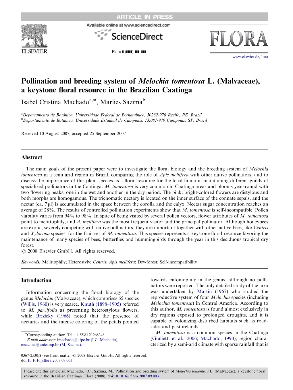 Pollination and Breeding System of Melochia Tomentosa L