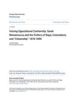 Sarah Winnemucca and the Politics of Rape, Colonialism, and "Citizenship": 1870-1890