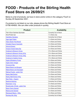 FOOD - Products of the Stirling Health Food Store on 26/09/21