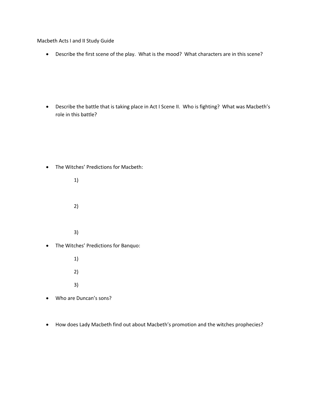 Macbeth Acts I and II Study Guide