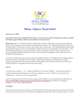 February 27, 2020 the South Carolina Football Hall of Fame