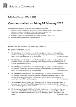 Questions Tabled on Fri 28 Feb 2020