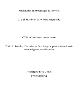 XIII Reunião De Antropologia Do Mercosul 22 a 25 De Julho De 2019