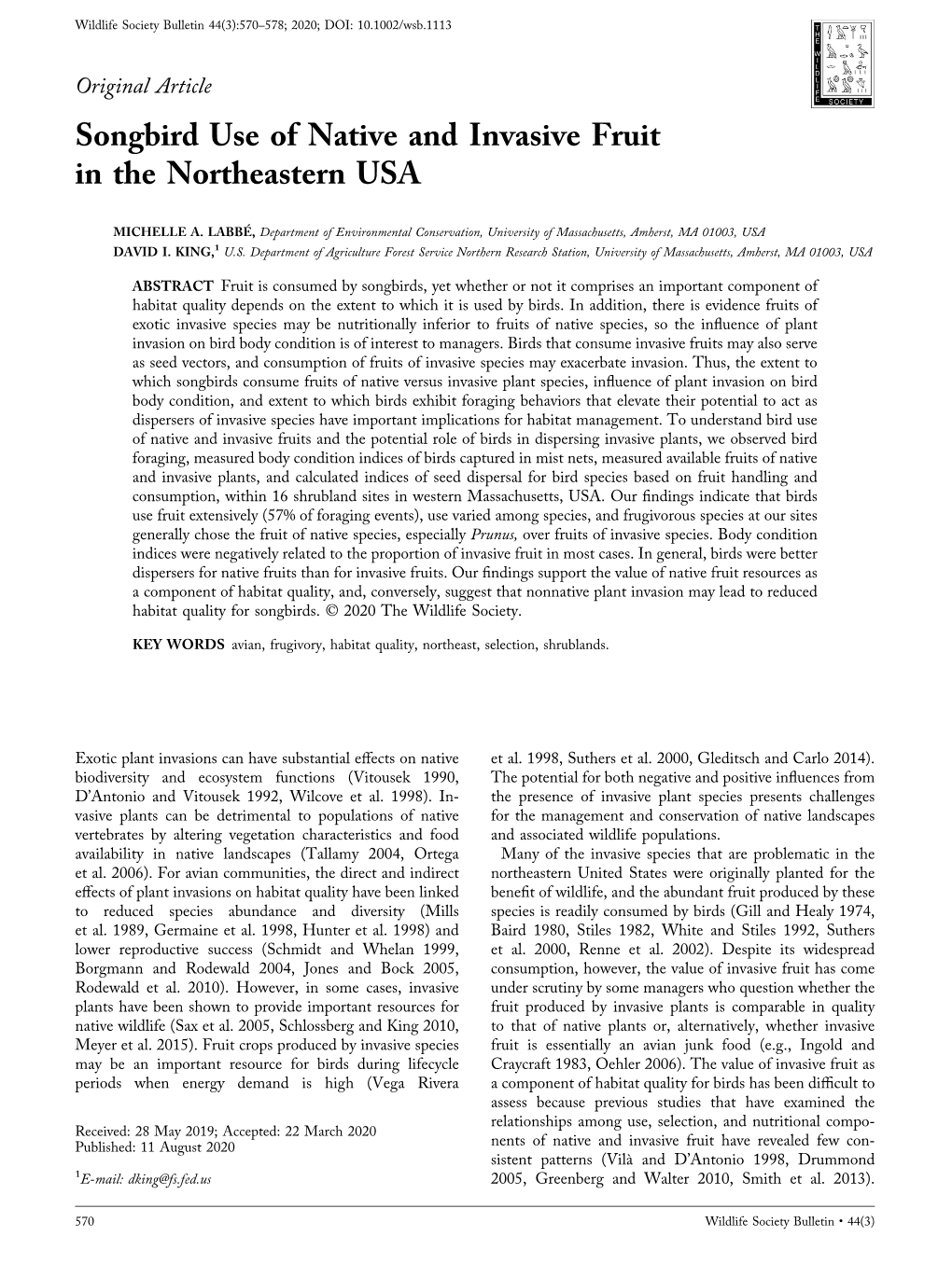 Songbird Use of Native and Invasive Fruit in the Northeastern USA