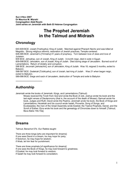 The Prophet Jeremiah in the Talmud and Midrash Chronology