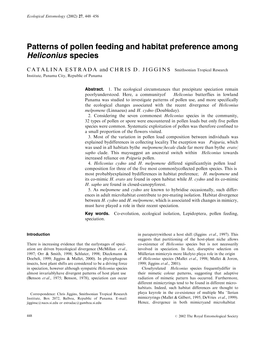 Patterns of Pollen Feeding and Habitat Preference Among Heliconius Species