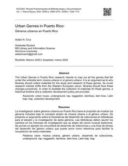 Urban Genres in Puerto Rico1 Géneros Urbanos En Puerto Rico