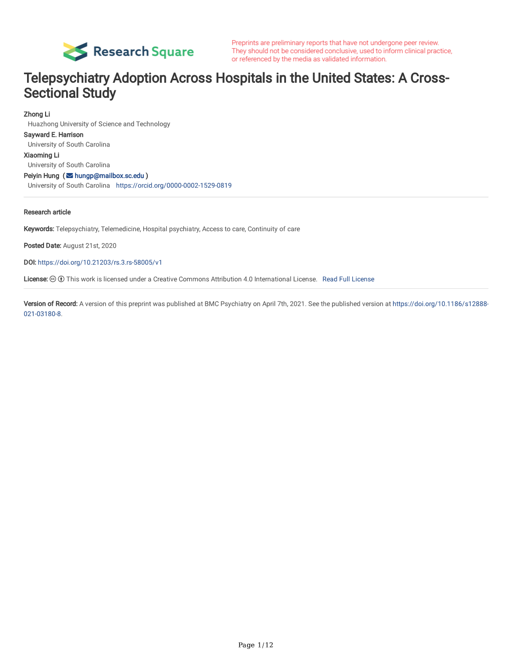 Telepsychiatry Adoption Across Hospitals in the United States: a Cross- Sectional Study