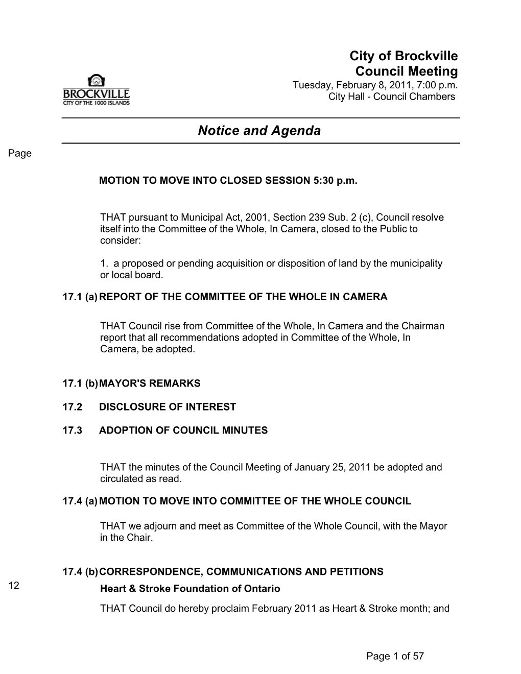 Notice and Agenda City of Brockville Council Meeting