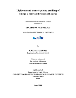 Lipidome and Transcriptome Profiling of Omega-3 Fatty Acid Rich Plant Leaves