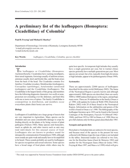 A Preliminary List of the Leafhoppers (Homoptera: Cicadellidae) of Colombia1