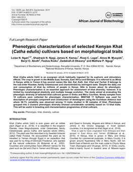 Phenotypic Characterization of Selected Kenyan Khat (Catha Edulis) Cultivars Based on Morphological Traits