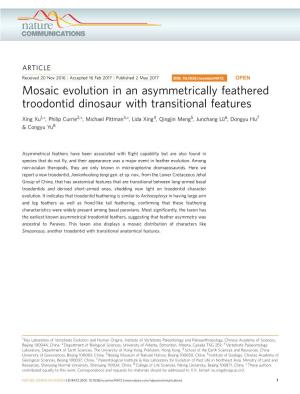 Mosaic Evolution in an Asymmetrically Feathered Troodontid Dinosaur with Transitional Features