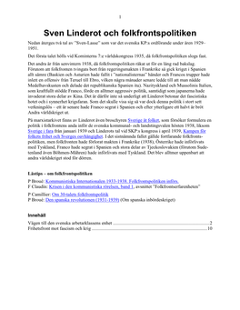 Sven Linderot Och Folkfrontspolitiken Nedan Återges Två Tal Av ”Sven-Lasse” Som Var Det Svenska KP:S Ordförande Under Åren 1929– 1951