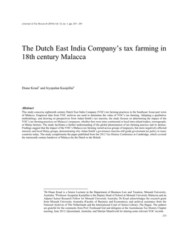 The Dutch East India Company's Tax Farming in 18Th Century Malacca