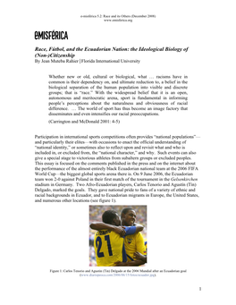Race, Fútbol, and the Ecuadorian Nation: the Ideological Biology of (Non-)Citizenship by Jean Muteba Rahier Florida International University