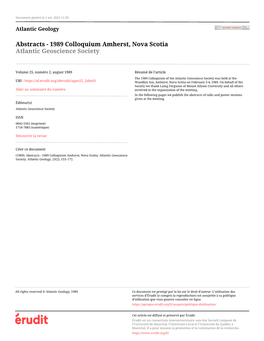 1989 Colloquium Amherst, Nova Scotia: Atlantic Geoscience Society