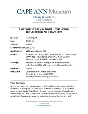 A Visit with Louisa May Alcott : Living History Lecture Finding Aid & Transcript