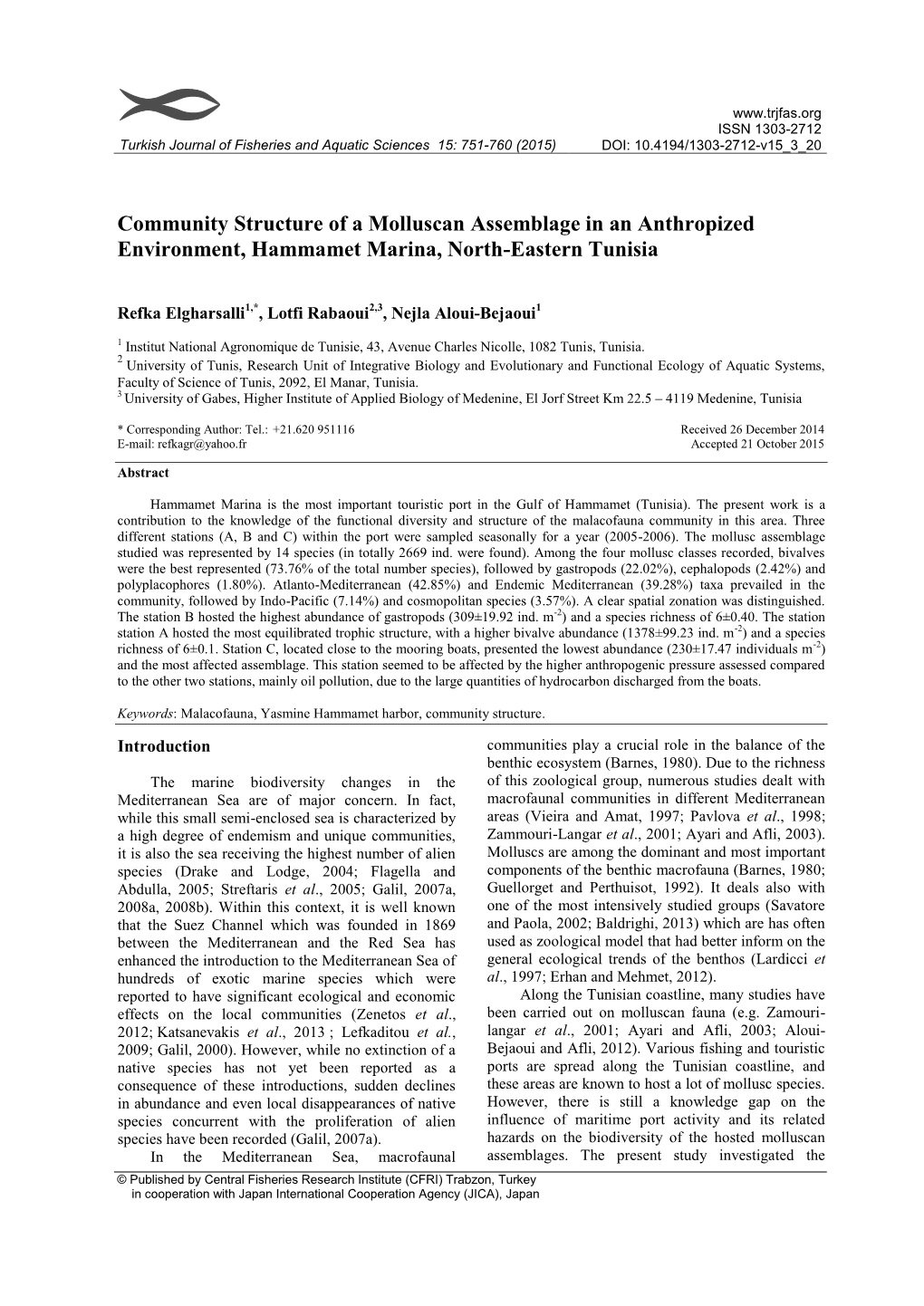 Community Structure of a Molluscan Assemblage in an Anthropized Environment, Hammamet Marina, North-Eastern Tunisia