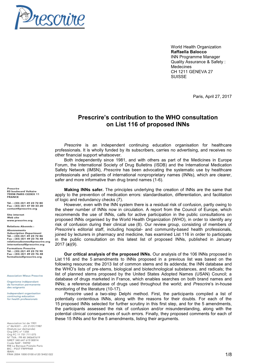 Prescrire's Contribution to OMS Consultation DCI List