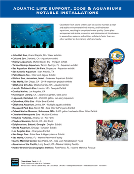 Aquatic Life Support, Zoos & Aquariums Notable Installations