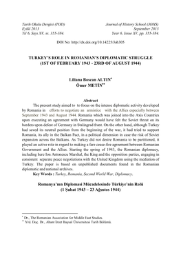 Turkey's Role in Romanian's Diplomatic Struggle (1St Of