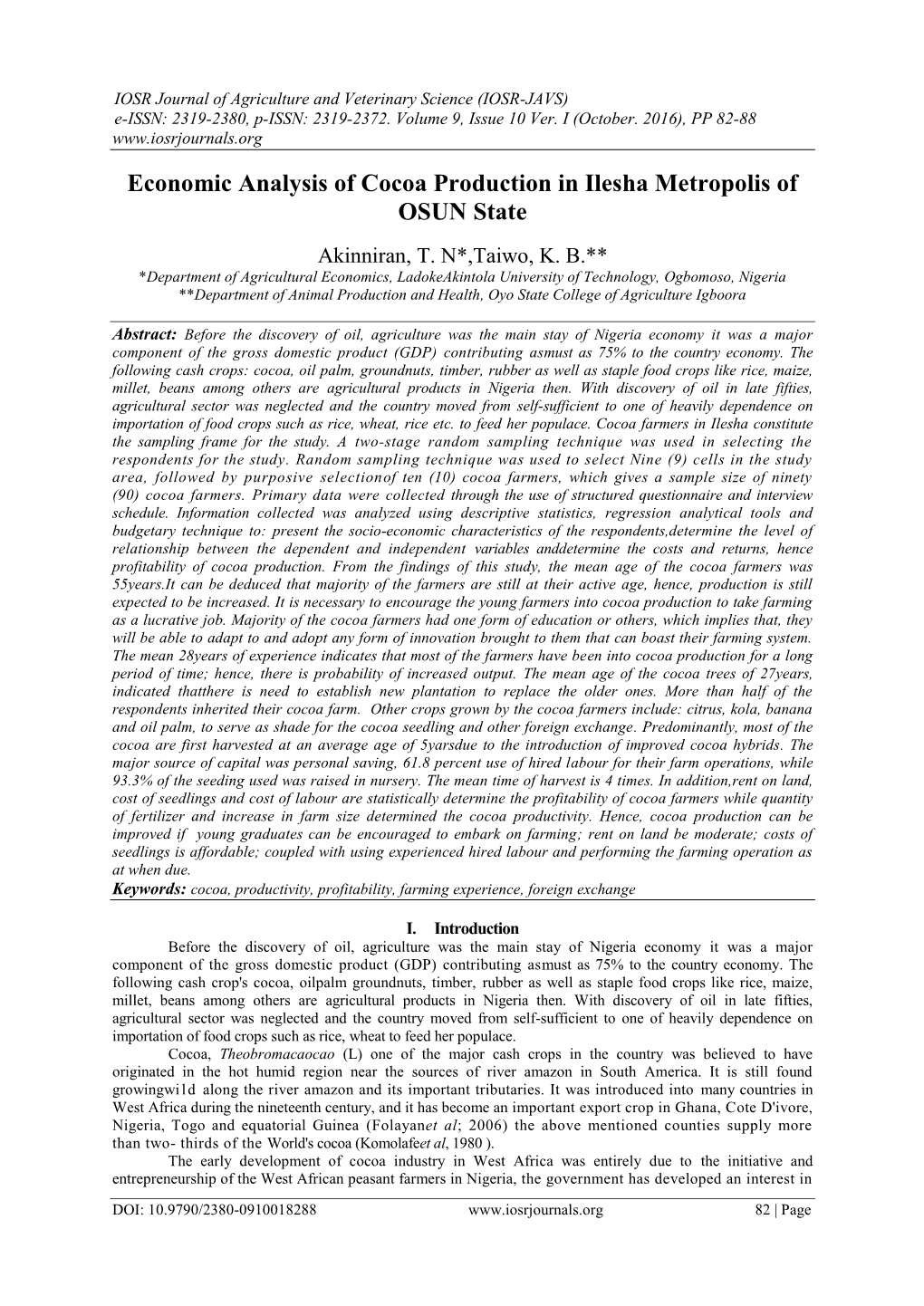 Economic Analysis of Cocoa Production in Ilesha Metropolis of OSUN State