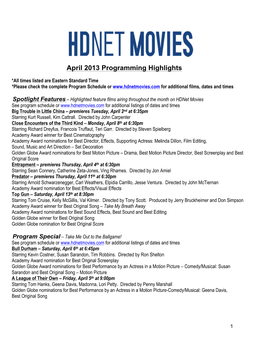 Hdnet Movies April 2013 Program Highlights -Version 1
