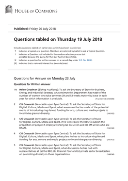Questions Tabled on Thu 19 Jul 2018